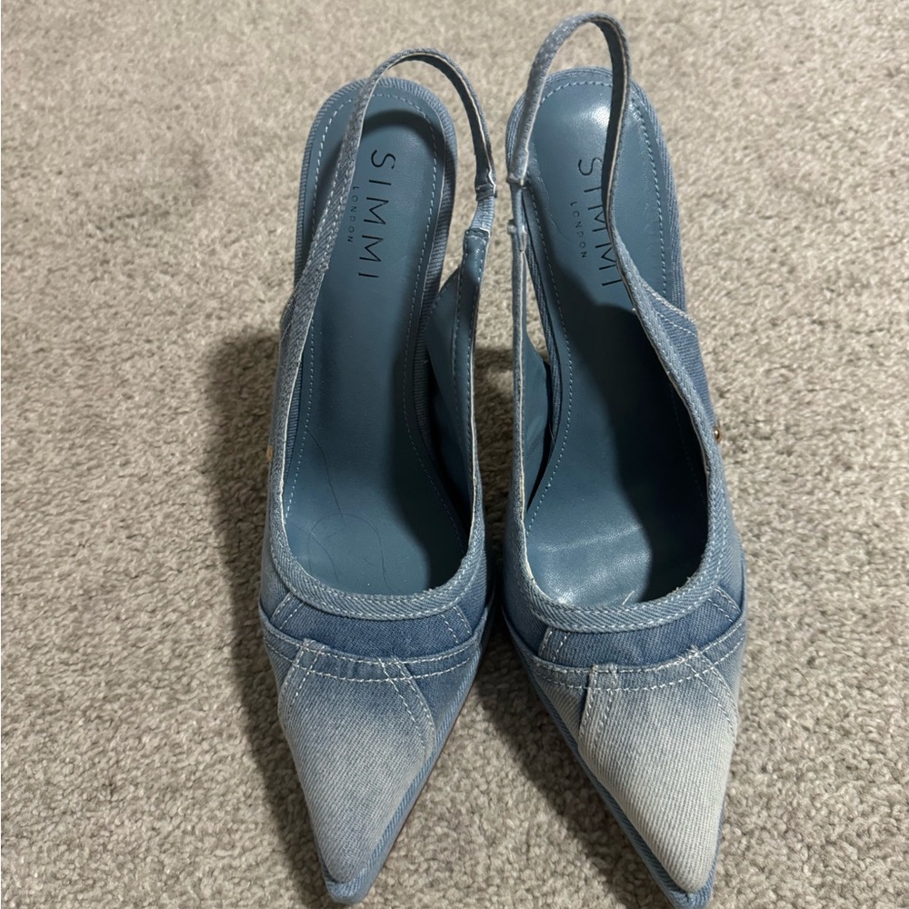 Pointed-Toe Denim Slingback Heels - Blue - Picture 2 of 6